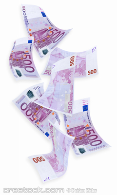 euro money raining down isolated on white